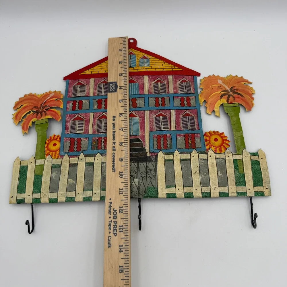 Haitian Metal Folk Art Wall Hanging 3 Hook Key Rack Caribbean House Palm Trees